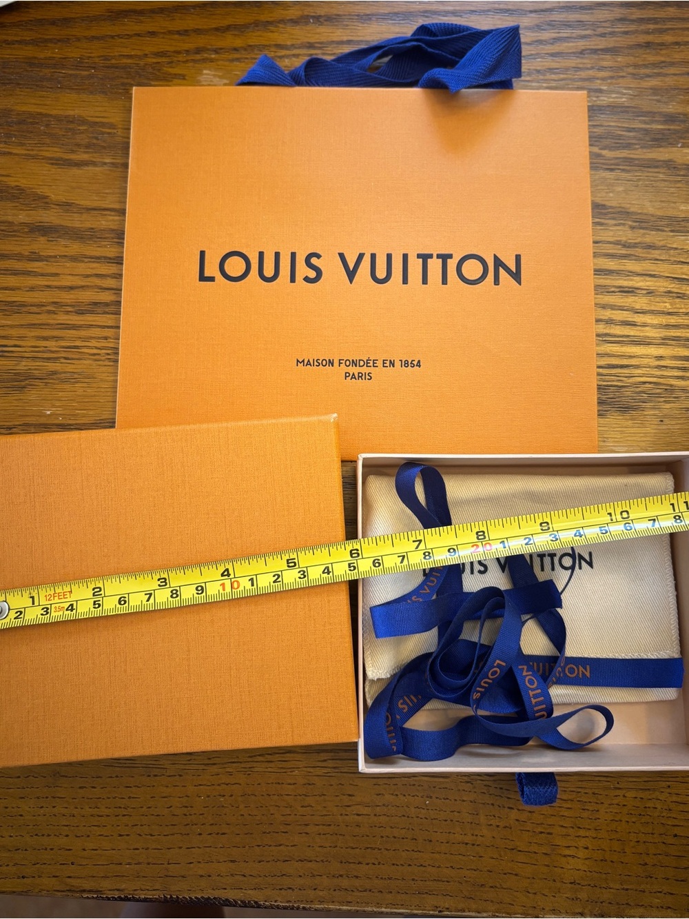 Louis Vuitton Orange Shopping Bag and Box with Blue Ribbon